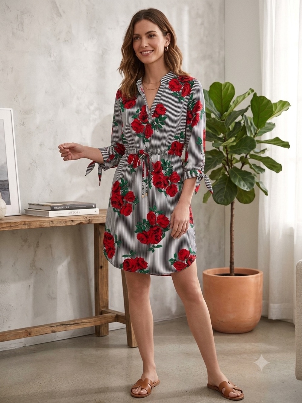 Hint of Blush Striped Midi Dress Red Rose Print, Black & White Stripes, Medium